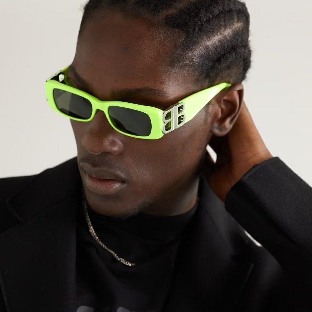 NEW Balenciaga BB0096S 008 Yellow Silver Logo Grey Square Unisex Sunglasses